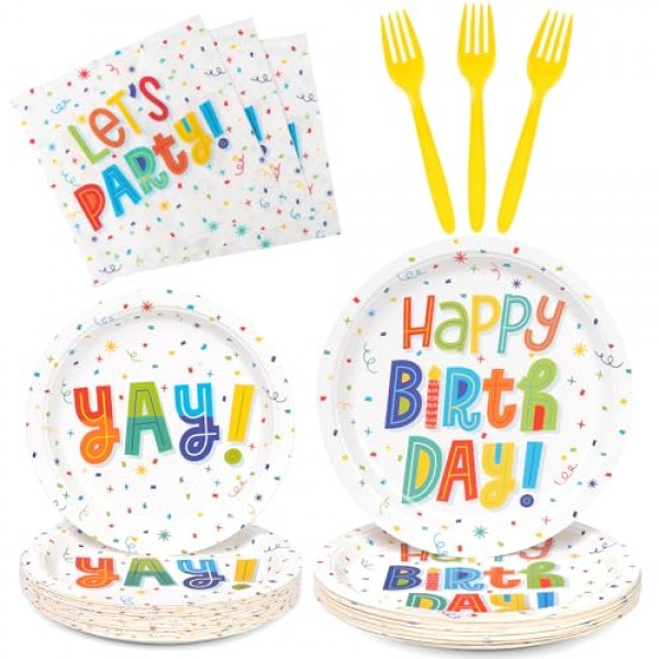 DECORLIFE 생일 축하 접시와 냅킨 파티 용품 24인분, 생일 파티 용품에는 어린이를 위한 포크가 포함됩니다 여아 여성용, 색종이 조각 생일 파티 장식, 총 96개