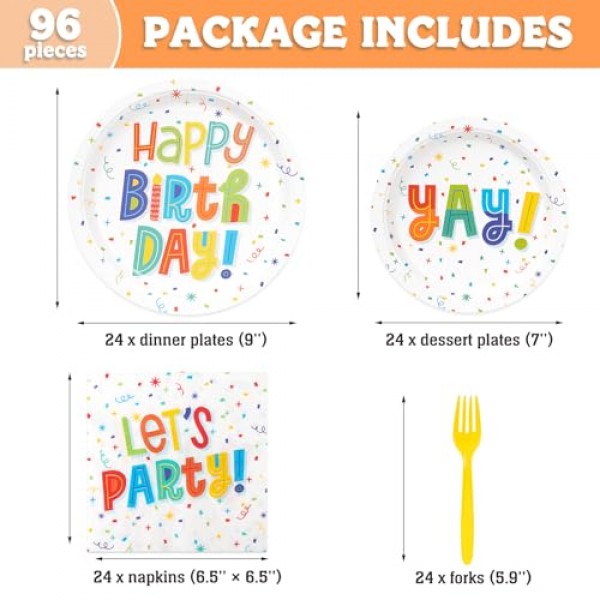 DECORLIFE 생일 축하 접시와 냅킨 파티 용품 24인분, 생일 파티 용품에는 어린이를 위한 포크가 포함됩니다 여아 여성용, 색종이 조각 생일 파티 장식, 총 96개