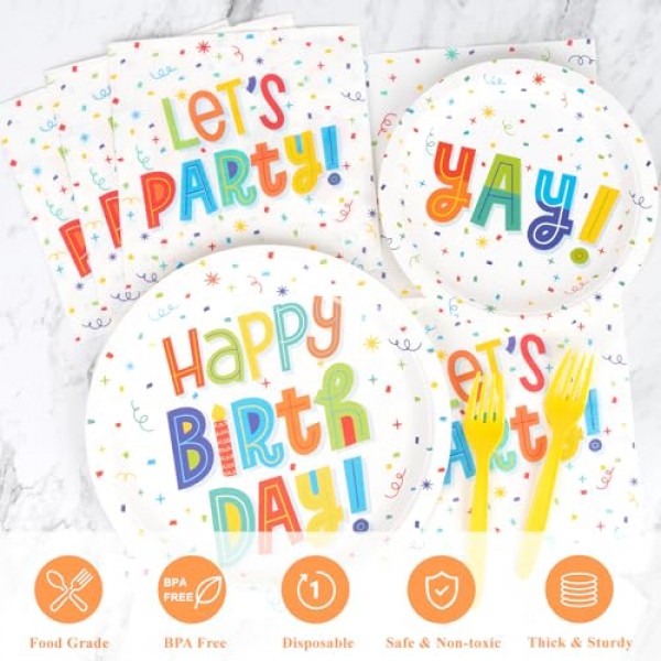 DECORLIFE 생일 축하 접시와 냅킨 파티 용품 24인분, 생일 파티 용품에는 어린이를 위한 포크가 포함됩니다 여아 여성용, 색종이 조각 생일 파티 장식, 총 96개