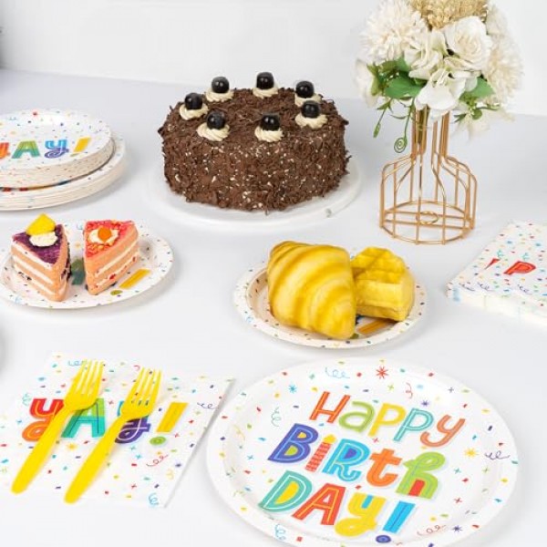 DECORLIFE 생일 축하 접시와 냅킨 파티 용품 24인분, 생일 파티 용품에는 어린이를 위한 포크가 포함됩니다 여아 여성용, 색종이 조각 생일 파티 장식, 총 96개