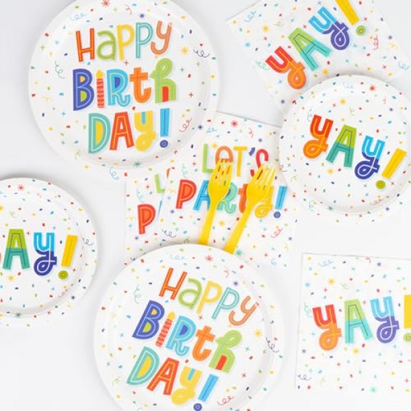 DECORLIFE 생일 축하 접시와 냅킨 파티 용품 24인분, 생일 파티 용품에는 어린이를 위한 포크가 포함됩니다 여아 여성용, 색종이 조각 생일 파티 장식, 총 96개