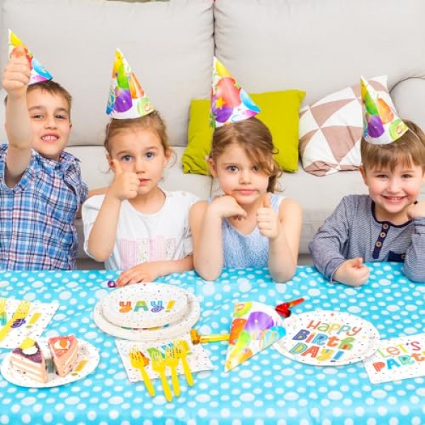 DECORLIFE 생일 축하 접시와 냅킨 파티 용품 24인분, 생일 파티 용품에는 어린이를 위한 포크가 포함됩니다 여아 여성용, 색종이 조각 생일 파티 장식, 총 96개