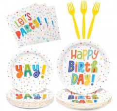 DECORLIFE 생일 축하 접시와 냅킨 파티 용품 24인분, 생일 파티 용품에는 어린이를 위한 포크가 포함됩니다 여아 여성용, 색종이 조각 생일 파티 장식, 총 96개