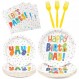 DECORLIFE 생일 축하 접시와 냅킨 파티 용품 24인분, 생일 파티 용품에는 어린이를 위한 포크가 포함됩니다 여아 여성용, 색종이 조각 생일 파티 장식, 총 96개