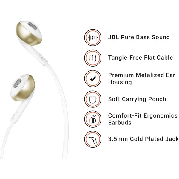 마이크가 있는 JBL JBLT205CGD 헤드폰, 샴페인 골드