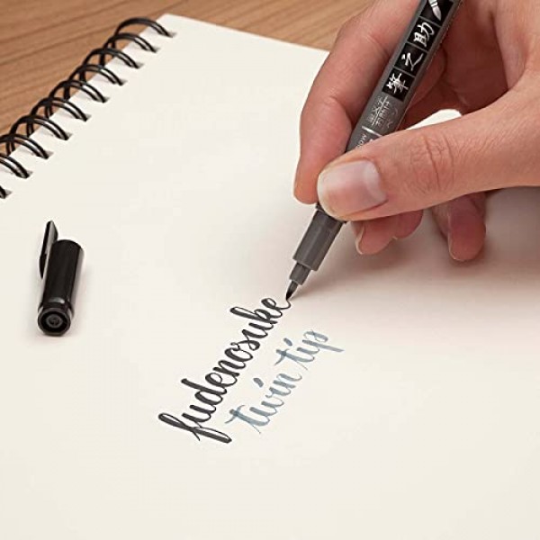 Tombow 82040 후데노스케 브러쉬 펜, 트윈 팁, 서예 및 아트 드로잉용 블랙/그레이 후데노스케 브러쉬 펜