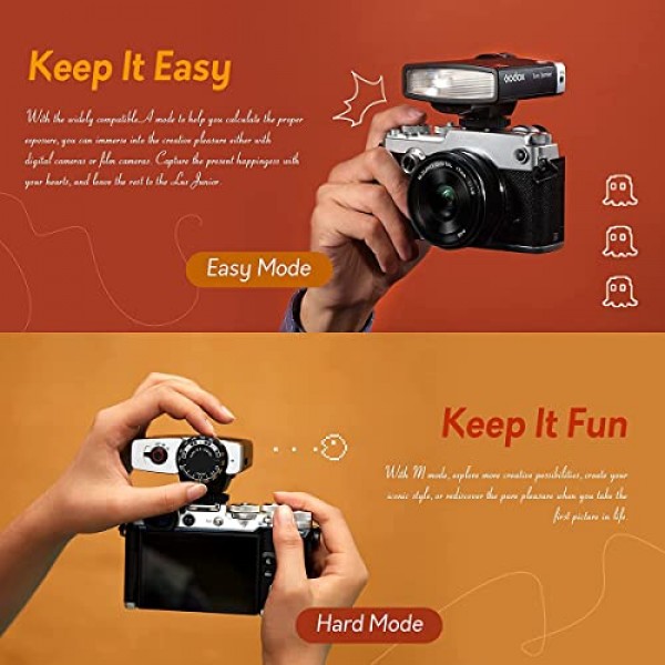 GODOX Lux 주니어 스피드라이트 레트로 카메라 플래시, GN12, 6000K CCT A/M 플래시 모드, 28mm 초점 거리 Canon,Nikon,Sony,Fujufilm 디지털 필름 카메라와 호환 가능