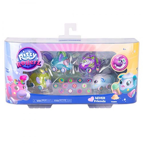 Ritzy Rollerz Toy Cars for Girls with Surprise Charms, 4Ever Friends, 독특한 패션 마감의 귀여운 자동차 4대, 4팩