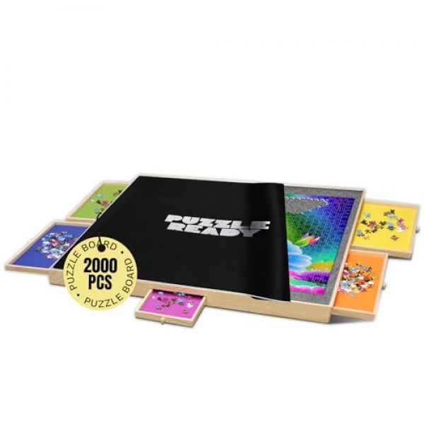 대형 퍼즐 보드 2000개 - 다채로운 서랍 5개 및 커버 매트가 포함된 41 x 32 퍼즐 보드 - 성인 및 어린이를 위한 펠트 작업 공간 및 운반 손잡이가 있는 보드 게임 퍼즐 테