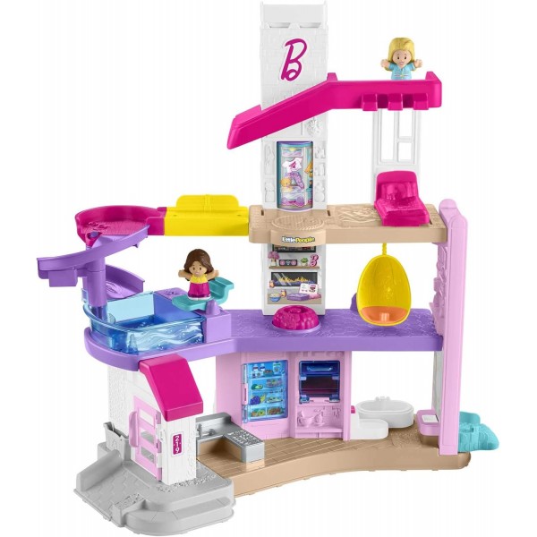 Fisher-Price HJN55 - Little People Barbie little-big dream villa, 2개의 피규어와 액세서리가 포함된 대화형 플레이 세트, 18개월 이상의 어린이를 위한 다양한 소리와 다양한 색상의 