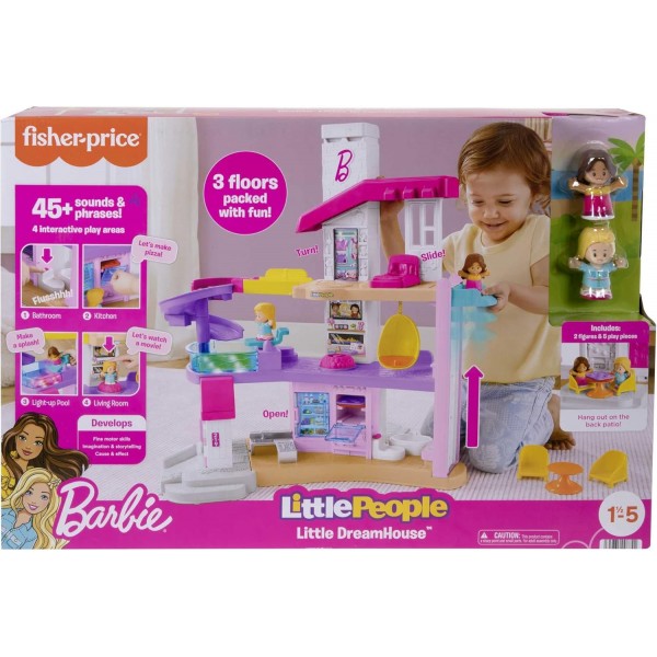 Fisher-Price HJN55 - Little People Barbie little-big dream villa, 2개의 피규어와 액세서리가 포함된 대화형 플레이 세트, 18개월 이상의 어린이를 위한 다양한 소리와 다양한 색상의 