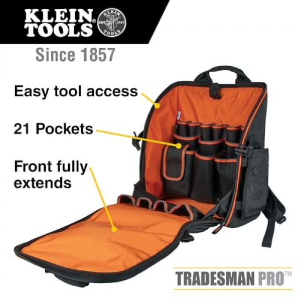 Klein Tools 도구 가방 백팩, 21개의 포켓이 있는 견고한 Tradesman Pro 도구 정리함
