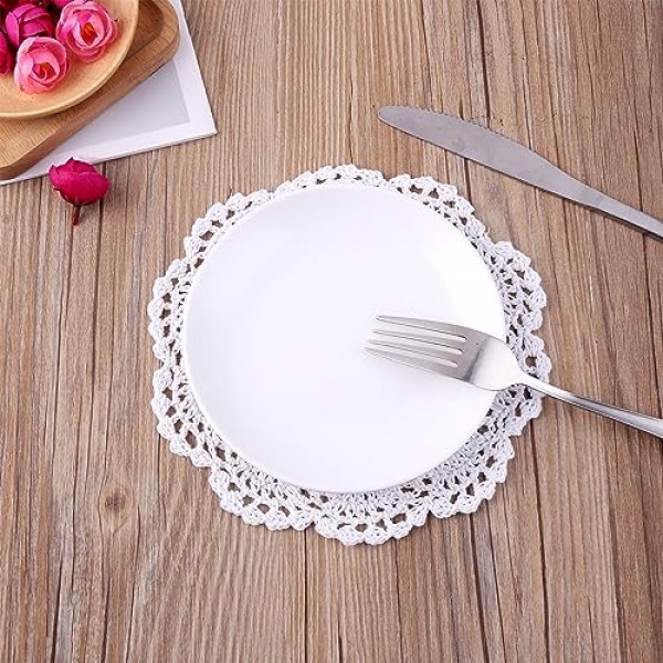 화이트 빈티지 크로 셰 뜨개질 냅킨 8 인치 라운드 코튼 수제 레이스 Placemats 공예 테이블 음식 대량 냅킨 천 세트 결혼식 생일을위한 골판지 가장자리, 4 팩