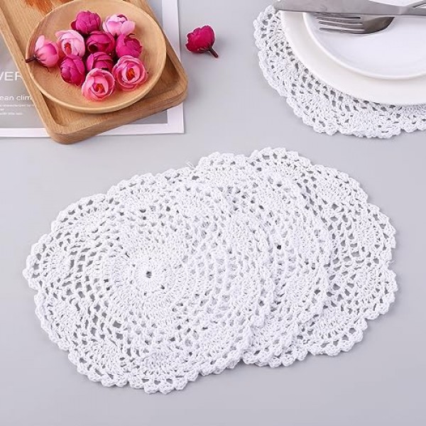 화이트 빈티지 크로 셰 뜨개질 냅킨 8 인치 라운드 코튼 수제 레이스 Placemats 공예 테이블 음식 대량 냅킨 천 세트 결혼식 생일을위한 골판지 가장자리, 4 팩
