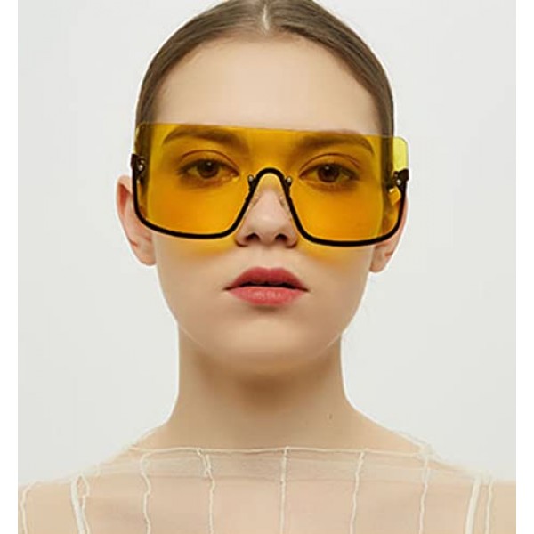 FEISEDY 빈티지 플랫 탑 선글라스 여성용 대형 무테 UV400 보호 XXL 선글라스, 노란색 렌즈 B2490