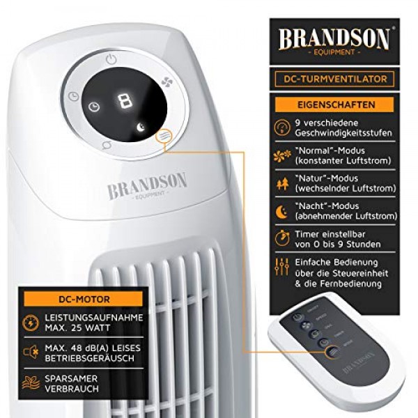 Brandson Silent ECO 그린 타워 팬(9단계 속도) - 원격 제어 기능이 있는 DC 받침대 팬 - 기둥 팬 포함 진동 - 86 cm - 타이머가 있는 팬 - 매우 조용함 - GS