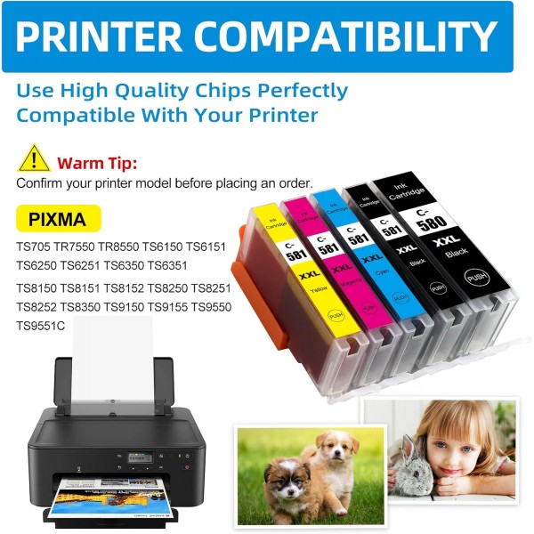 5X JoyPrinting 580XXL 581XXL Ink Cartridges for Canon PGI-580 CLI-581 PGI-580XL CLI-581XL Ink for Canon Pixma TR8550 TR7550 TS705 TS6150 TS6151 TS6250 TS6251 TS6350 TS8350 TS8351 TS9550 TS8352 1x Black PGI-280XXL/ 1x CLI