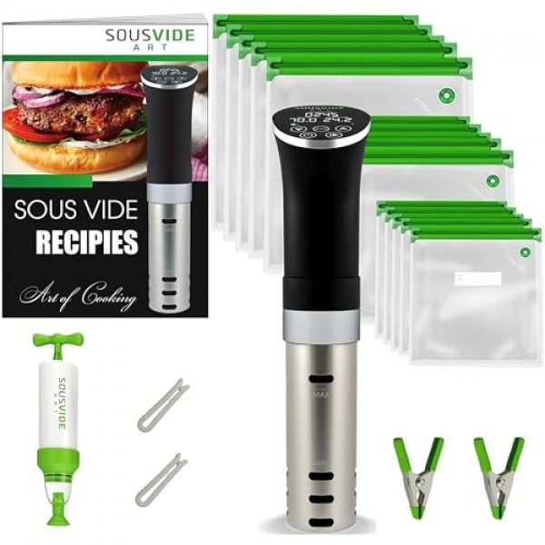 SOUSVIDE ART 쿠커 키트 - 1000W 수비드 침수 순환기, 진공 백 15개, 펌프, 디지털 타이머, 온도 조절 장치, 요리사를 위한 선물
