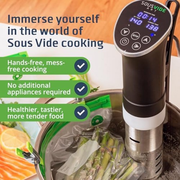 SOUSVIDE ART 쿠커 키트 - 1000W 수비드 침수 순환기, 진공 백 15개, 펌프, 디지털 타이머, 온도 조절 장치, 요리사를 위한 선물