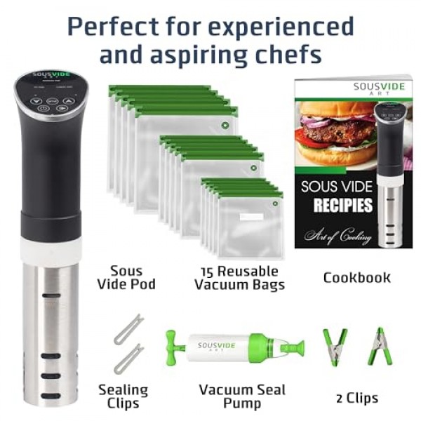 SOUSVIDE ART 쿠커 키트 - 1000W 수비드 침수 순환기, 진공 백 15개, 펌프, 디지털 타이머, 온도 조절 장치, 요리사를 위한 선물