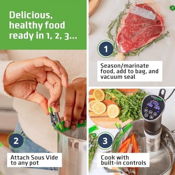 SOUSVIDE ART 쿠커 키트 - 1000W 수비드 침수 순환기, 진공 백 15개, 펌프, 디지털 타이머, 온도 조절 장치, 요리사를 위한 선물