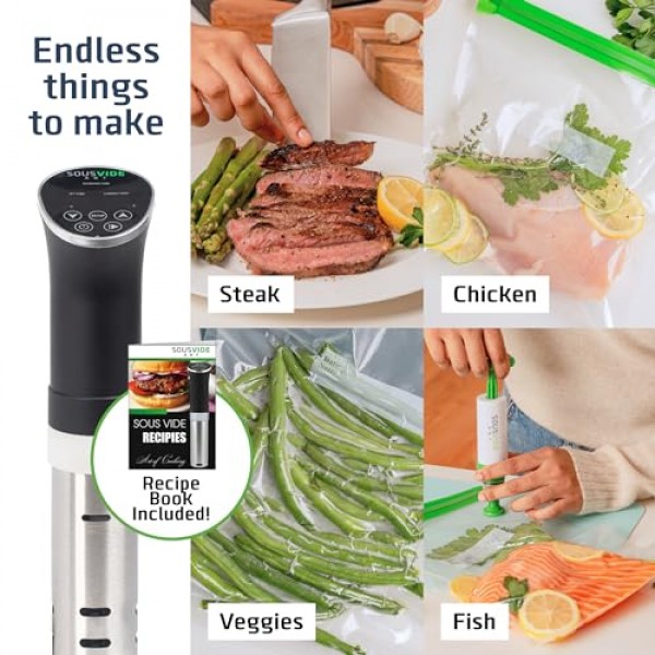 SOUSVIDE ART 쿠커 키트 - 1000W 수비드 침수 순환기, 진공 백 15개, 펌프, 디지털 타이머, 온도 조절 장치, 요리사를 위한 선물