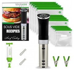 SOUSVIDE ART 쿠커 키트 - 1000W 수비드 침수 순환기, 진공 백 15개, 펌프, 디지털 타이머, 온도 조절 장치, 요리사를 위한 선물
