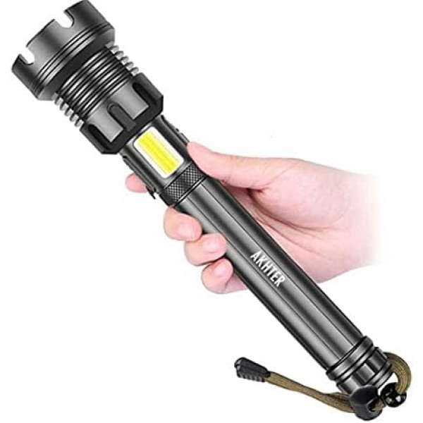 [충전식] Akhter XHP90 손전등, LED 토치, Super Bright 3000 Lumens CREE LED, IP65 방수, 5가지 모드 높음/낮음/스트로브/SOS 및 작업등 실내/야외(캠핑/하이킹/긴급 사용)