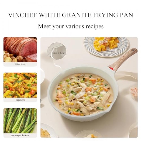 Vinchef 뚜껑이 있는 붙지 않는 프라이팬, 깊은 프라이팬 스테이 쿨 핸들 소테 팬 12인치/5.5Qt, 흰색 독일 3C+ 세라믹 코팅 기술, 열 표시기, 유도 호환 가능