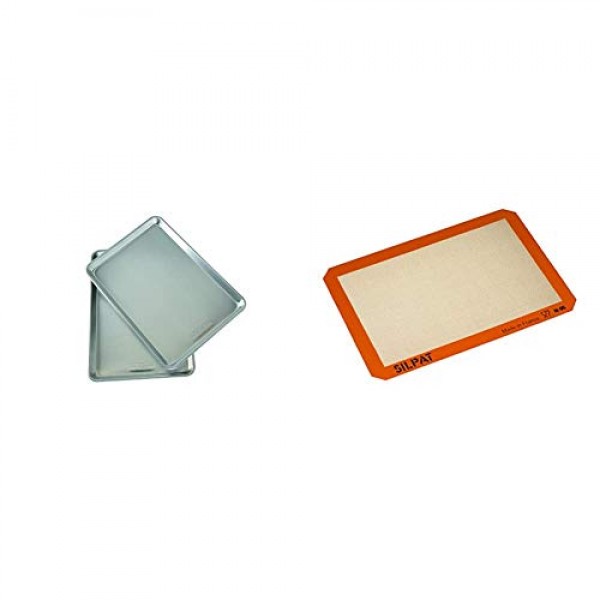 Nordic Ware 천연 알루미늄 상업용 베이커 하프 시트, 2팩, 실버 및 실팻 프리미엄 붙지 않는 실리콘 베이킹 매트, 하프 시트, 크림