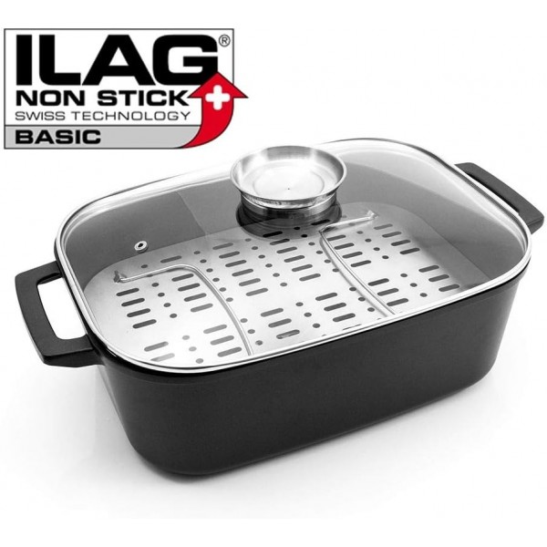 Karcher 인덕션 로스터 Java with 뚜껑 8.5 L 인덕션 + 전기 + 가스 등 모든 유형의 스토브용 ILAG 논스틱 코팅 처리된 알루미늄 로스터. 아로마 손잡이와 화격자 인서트가 있