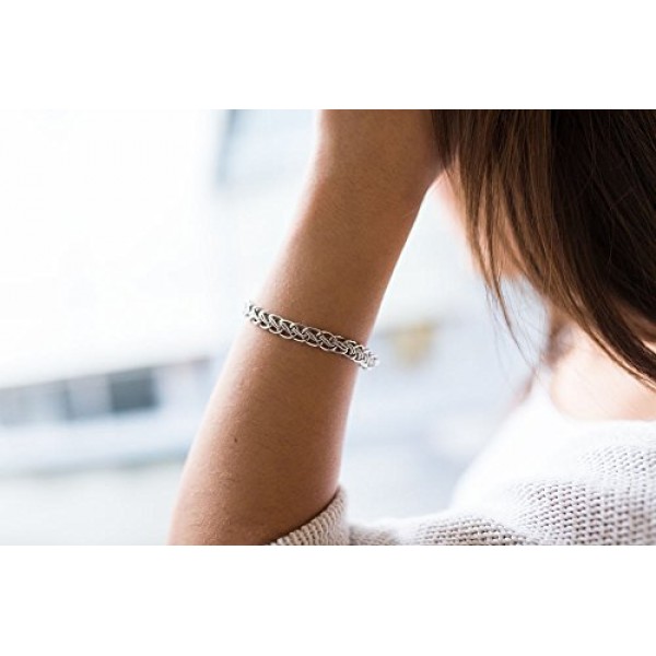 Materia #SA-28 여성용 팔찌 925 실버 더블 커브 체인 6 mm 14.1 g 로듐 도금 18-23 cm 길이 조절 가능 + 박스, 스털링 실버, 스톤 없음