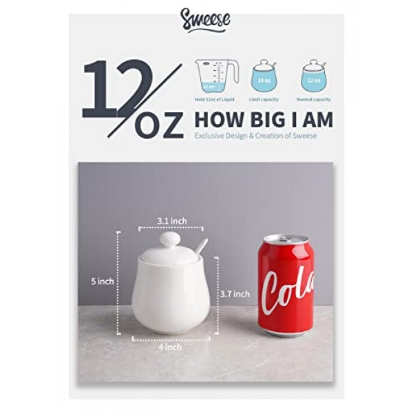 Sweese 12온스 도자기 설탕 및 크리머 세트, 커피 서빙 세트, 크림 투수 포함 3피스, 뚜껑 및 스푼이 포함된 설탕 그릇, 화이트 - 480.101