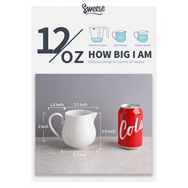 Sweese 12온스 도자기 설탕 및 크리머 세트, 커피 서빙 세트, 크림 투수 포함 3피스, 뚜껑 및 스푼이 포함된 설탕 그릇, 화이트 - 480.101