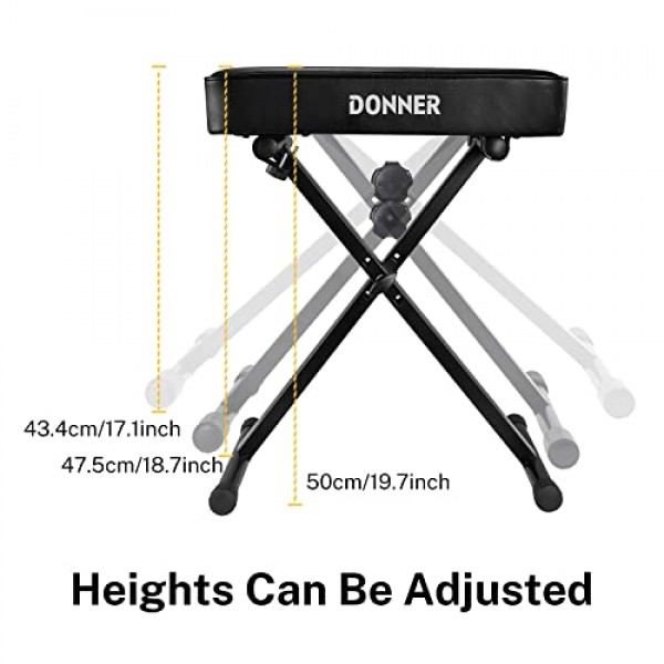 Donner 피아노 벤치, 조절 가능한 키보드 벤치 휴대용 의자 접이식 의자 접이식 시트 X 스타일, 2.4인치 두께 고밀도 스폰지 패딩, 미끄럼 방지 디자인, 검정색