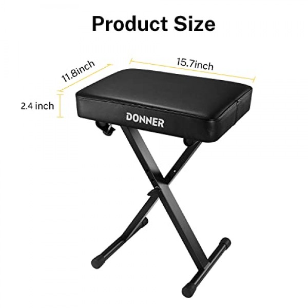 Donner 피아노 벤치, 조절 가능한 키보드 벤치 휴대용 의자 접이식 의자 접이식 시트 X 스타일, 2.4인치 두께 고밀도 스폰지 패딩, 미끄럼 방지 디자인, 검정색