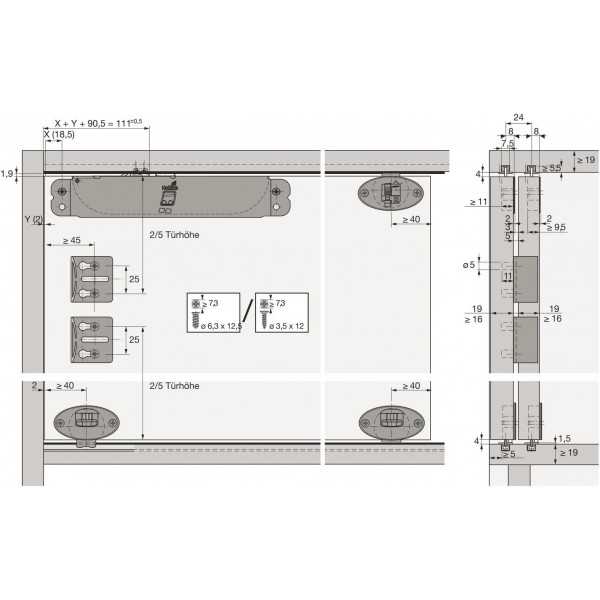 HETTICH 9119585 Slide-Line 550 Plus 댐핑 장치(도어 댐퍼), 내부 우측 슬라이딩 도어용, 아연 도금, 은색