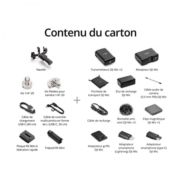 DJI RS 3 Mini + DJI 마이크(TX 2개 + RX 1개 + 충전 크래들), 3축 안정 장치, 테스트된 부하 2kg, 기본 수직 녹음, 250m 범위의 무선 라발리에 마이크, 짐벌 카메라