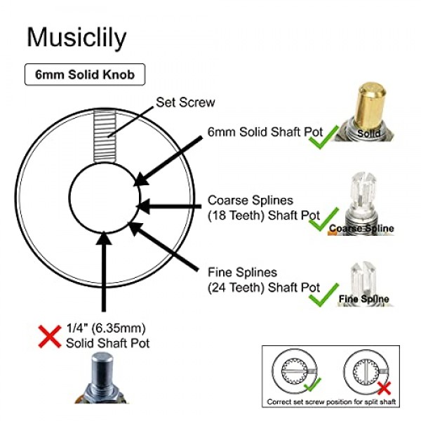 Musiclily Pro 6mm 강철 널링 텔레캐스터 돔 손잡이(텔레 일렉트릭 기타 또는 정밀 베이스용 고정 나사 포함), 검정색(2개 세트)