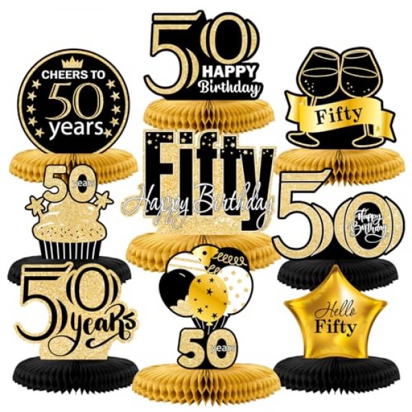 DECORLIFE 9PCS 남성 여성을위한 50 번째 생일 장식, 대형 50 번째 검정색과 금색 파티 장식, 테이블 용 빈티지 생일 벌집 센터 피스