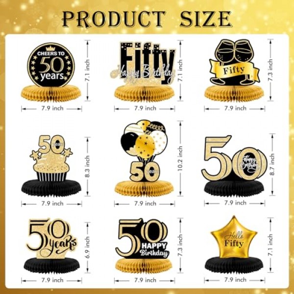 DECORLIFE 9PCS 남성 여성을위한 50 번째 생일 장식, 대형 50 번째 검정색과 금색 파티 장식, 테이블 용 빈티지 생일 벌집 센터 피스