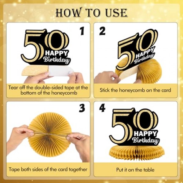 DECORLIFE 9PCS 남성 여성을위한 50 번째 생일 장식, 대형 50 번째 검정색과 금색 파티 장식, 테이블 용 빈티지 생일 벌집 센터 피스