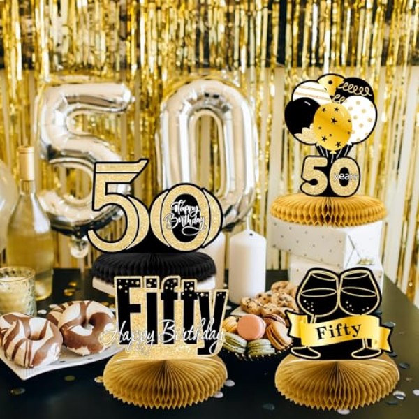 DECORLIFE 9PCS 남성 여성을위한 50 번째 생일 장식, 대형 50 번째 검정색과 금색 파티 장식, 테이블 용 빈티지 생일 벌집 센터 피스
