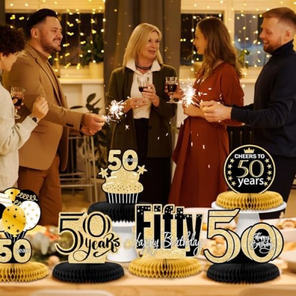 DECORLIFE 9PCS 남성 여성을위한 50 번째 생일 장식, 대형 50 번째 검정색과 금색 파티 장식, 테이블 용 빈티지 생일 벌집 센터 피스