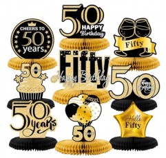 DECORLIFE 9PCS 남성 여성을위한 50 번째 생일 장식, 대형 50 번째 검정색과 금색 파티 장식, 테이블 용 빈티지 생일 벌집 센터 피스