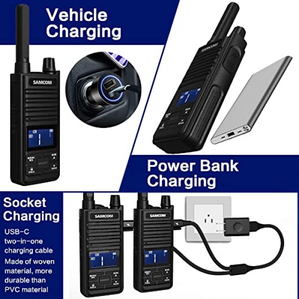 Samcom GMRS 워키토키 장거리, Type-C 충전식 양방향 라디오(성인용 이어피스 포함), 양방향 라디오 캠핑용 USB 기본 충전기가 포함된 휴대용 양방향 라디오(4팩, 검은색)