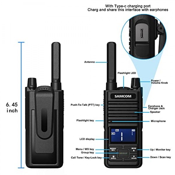 Samcom GMRS 워키토키 장거리, Type-C 충전식 양방향 라디오(성인용 이어피스 포함), 양방향 라디오 캠핑용 USB 기본 충전기가 포함된 휴대용 양방향 라디오(4팩, 검은색)