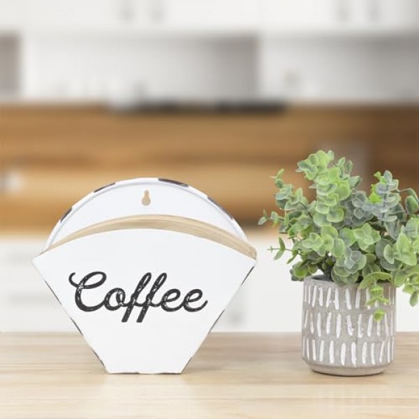 AuldHome Enamelware 커피 필터 홀더(흰색, 원뿔 모양), 벽걸이형 빈티지 농가 스타일 흰색 필터 보관 용기