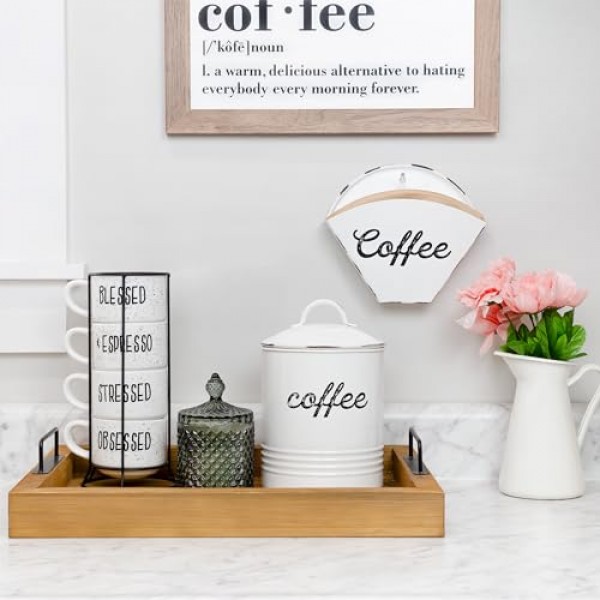 AuldHome Enamelware 커피 필터 홀더(흰색, 원뿔 모양), 벽걸이형 빈티지 농가 스타일 흰색 필터 보관 용기
