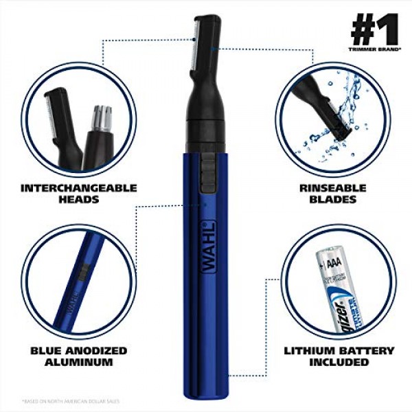 Wahl 리튬 2 in 1 배터리 펜 디테일 터치업 트리머(코, 귀, 목선, 눈썹 및 기타 디테일링용) - 블루 - 전문가가 사용하는 브랜드 - 모델 5643-200